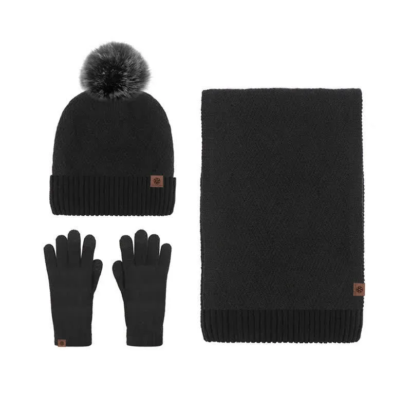 3Pcs Women's Pompom Woven Hat Scarf Touchscreen Gloves Set