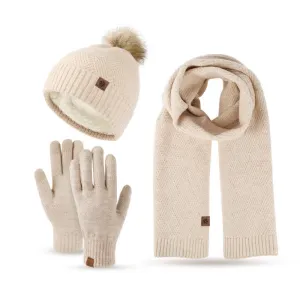 3Pcs Women's Pompom Woven Hat Scarf Touchscreen Gloves Set