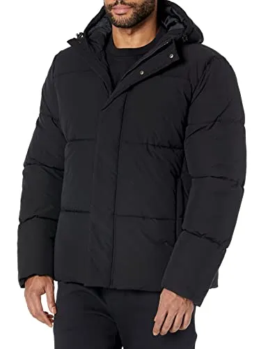 Amazon Essentials Men's Recycled Polyester Mid-Length Hooded Puffer (Available in Big & Tall), Black, Medium