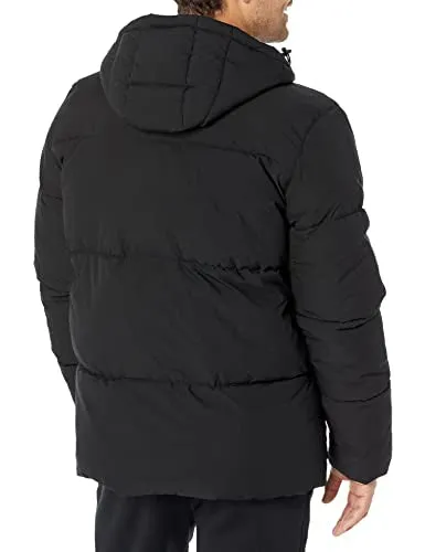 Amazon Essentials Men's Recycled Polyester Mid-Length Hooded Puffer (Available in Big & Tall), Black, Medium