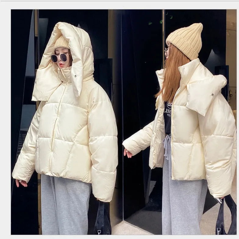 Ashore Shop winter new Korean style fluffy hooded bread down jacket women thick loose short jacket