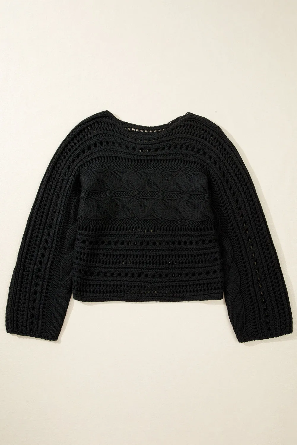 Black Hollow-out Cable Knit Cropped Sweater