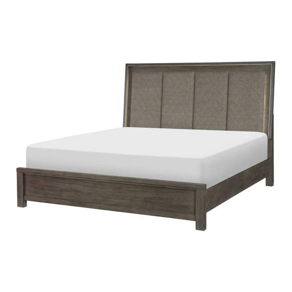 Carie Queen Bed, LED Lit Upholstered Headboard, Brown Gray Solid Wood By Casagear Home