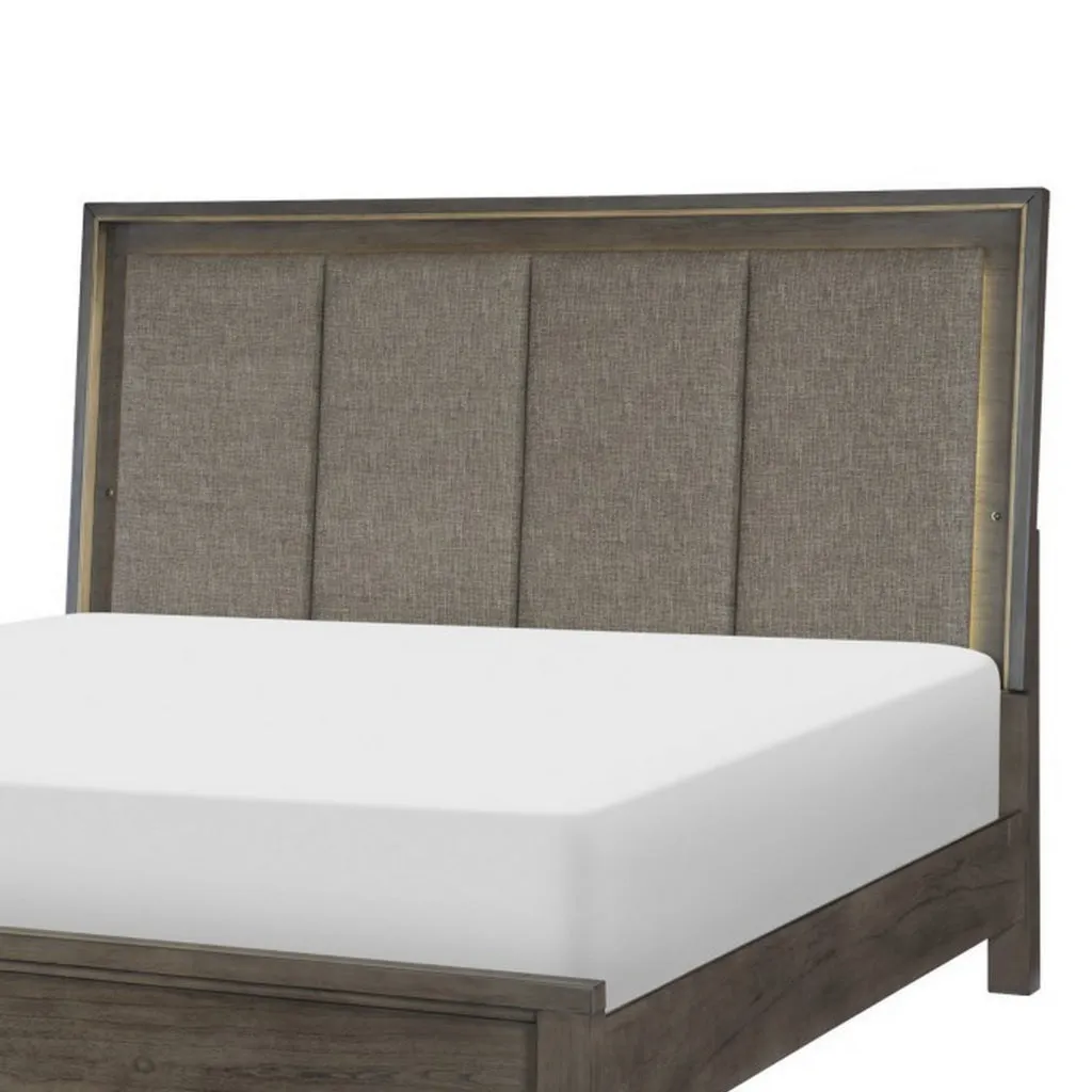 Carie Queen Bed, LED Lit Upholstered Headboard, Brown Gray Solid Wood By Casagear Home