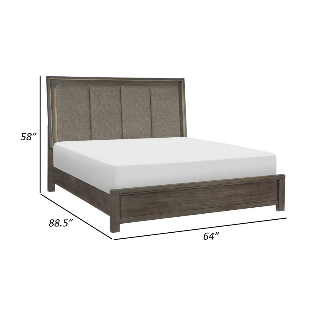 Carie Queen Bed, LED Lit Upholstered Headboard, Brown Gray Solid Wood By Casagear Home