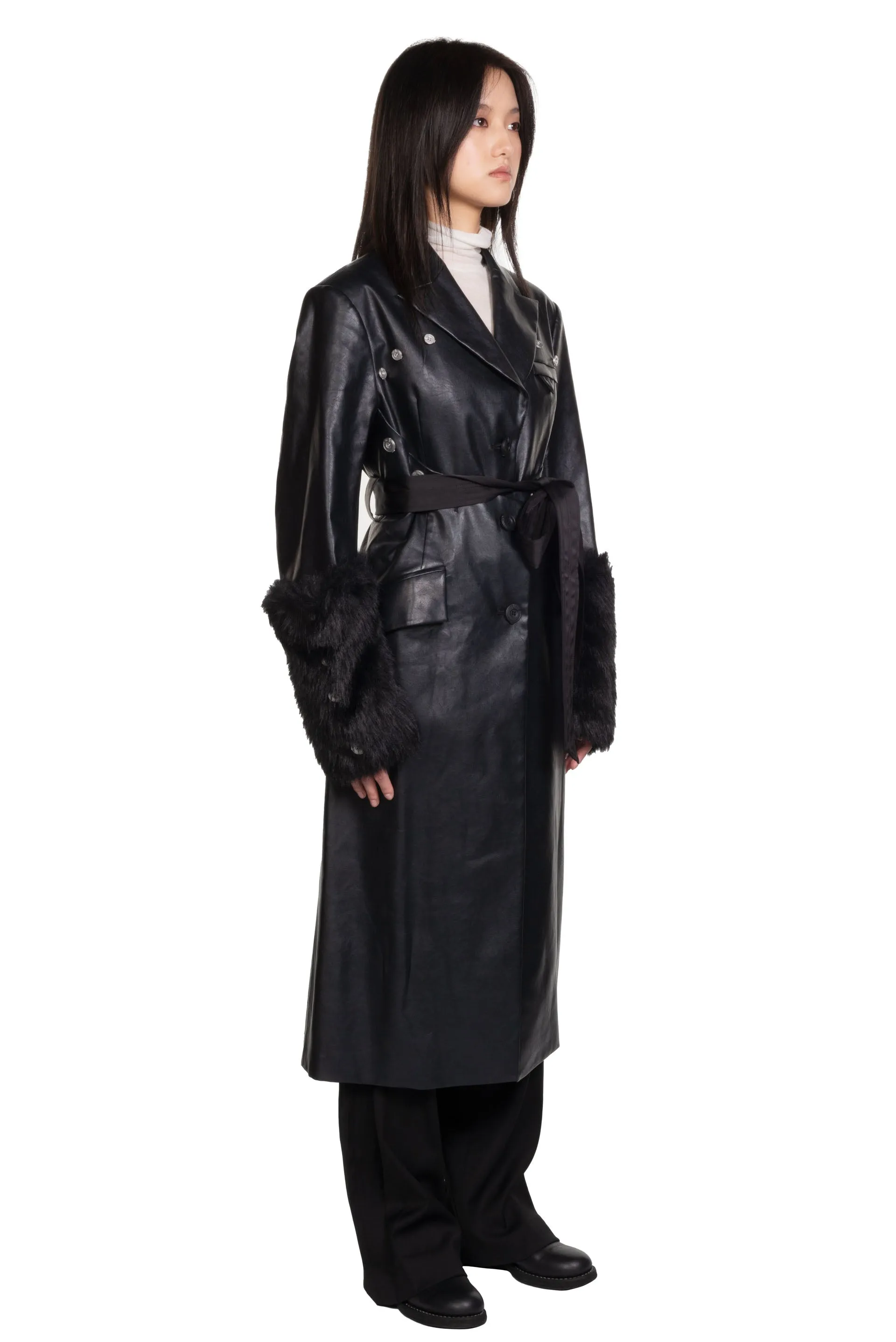 Circular Arc Buttoned Leather Coat