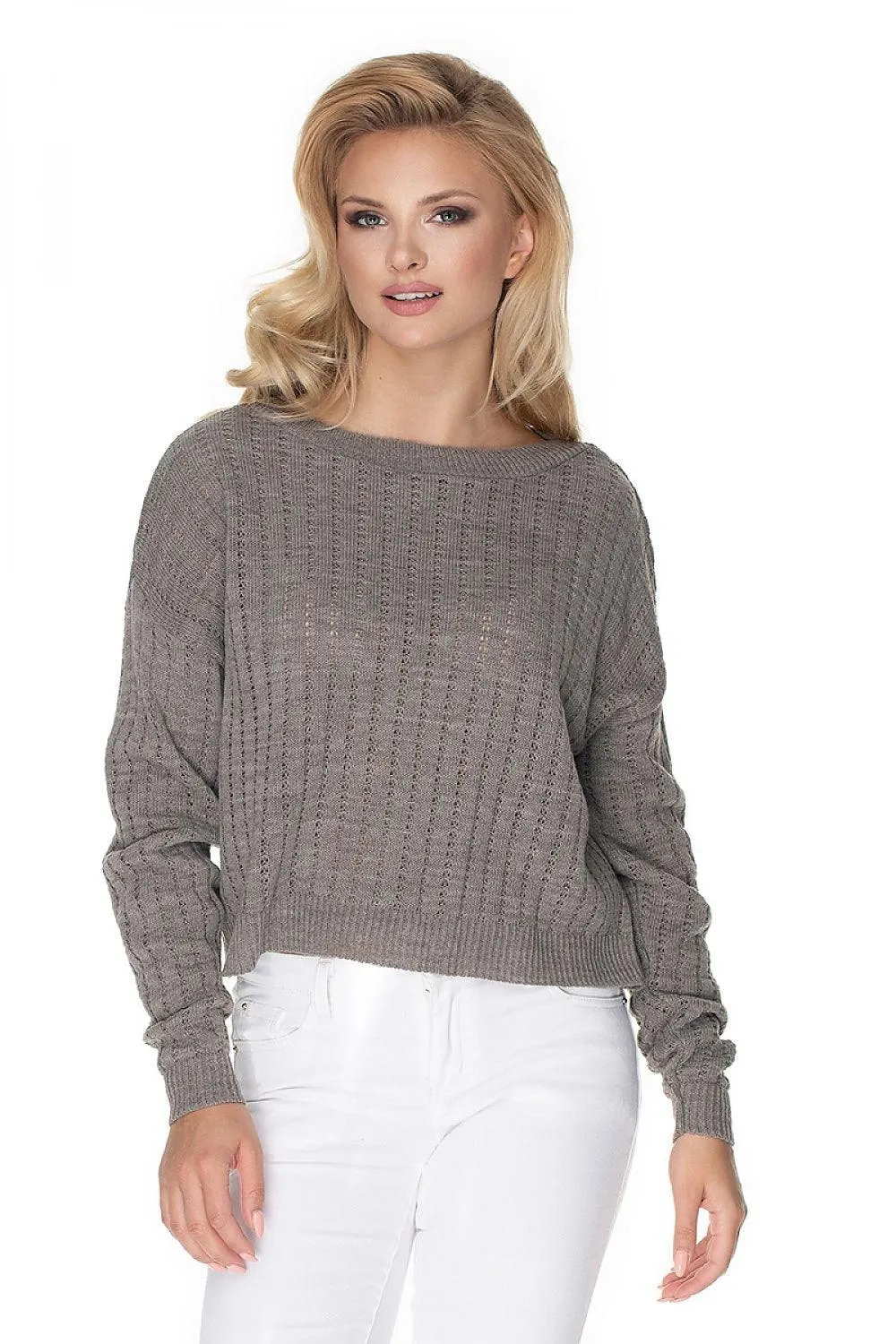 Cozy Knit Boat Neck Sweater with Peekaboo Stitch