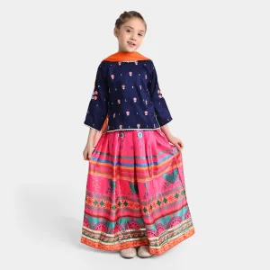 Girls Raw Silk 3PC Suit MAH-Rang | Navy Blue