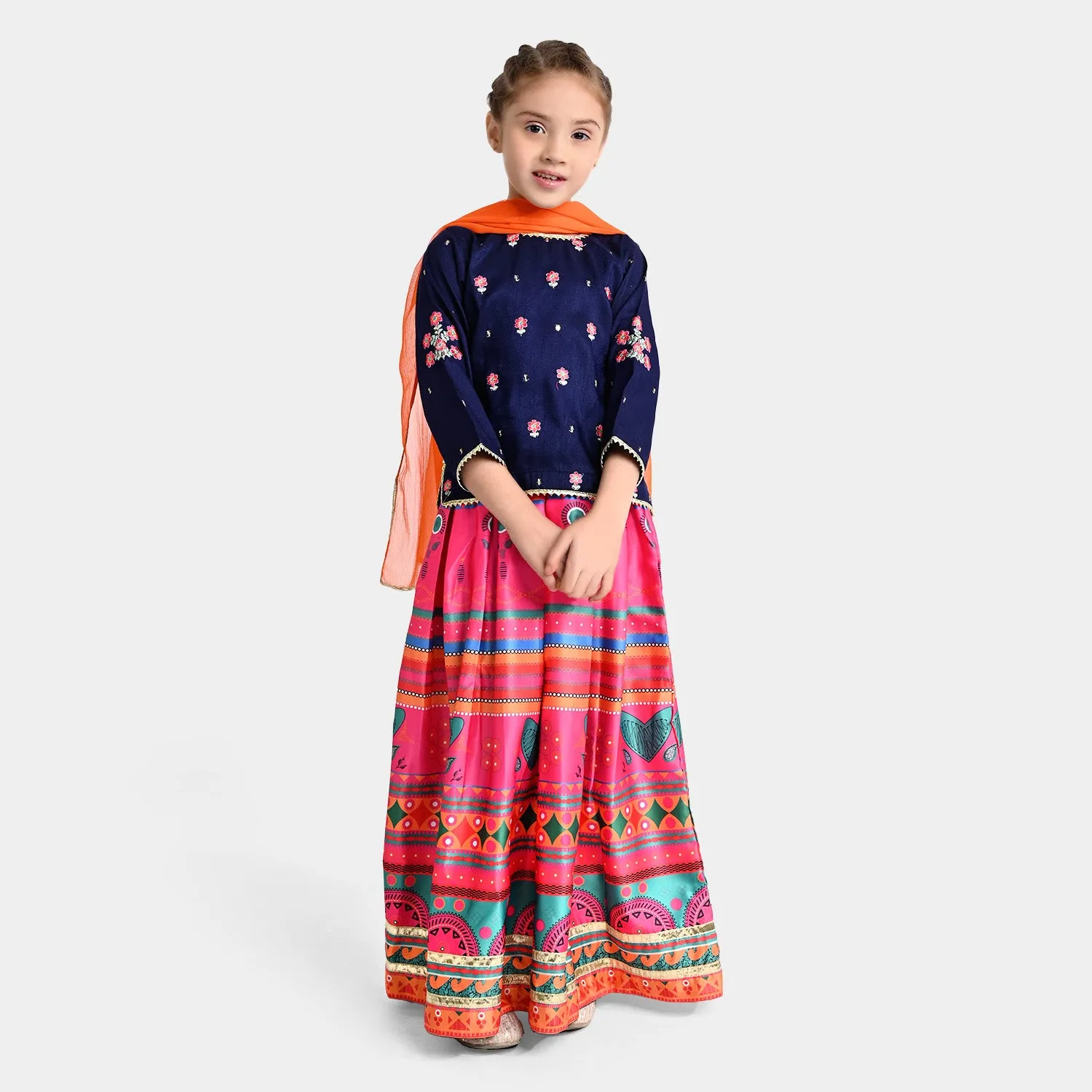 Girls Raw Silk 3PC Suit MAH-Rang | Navy Blue