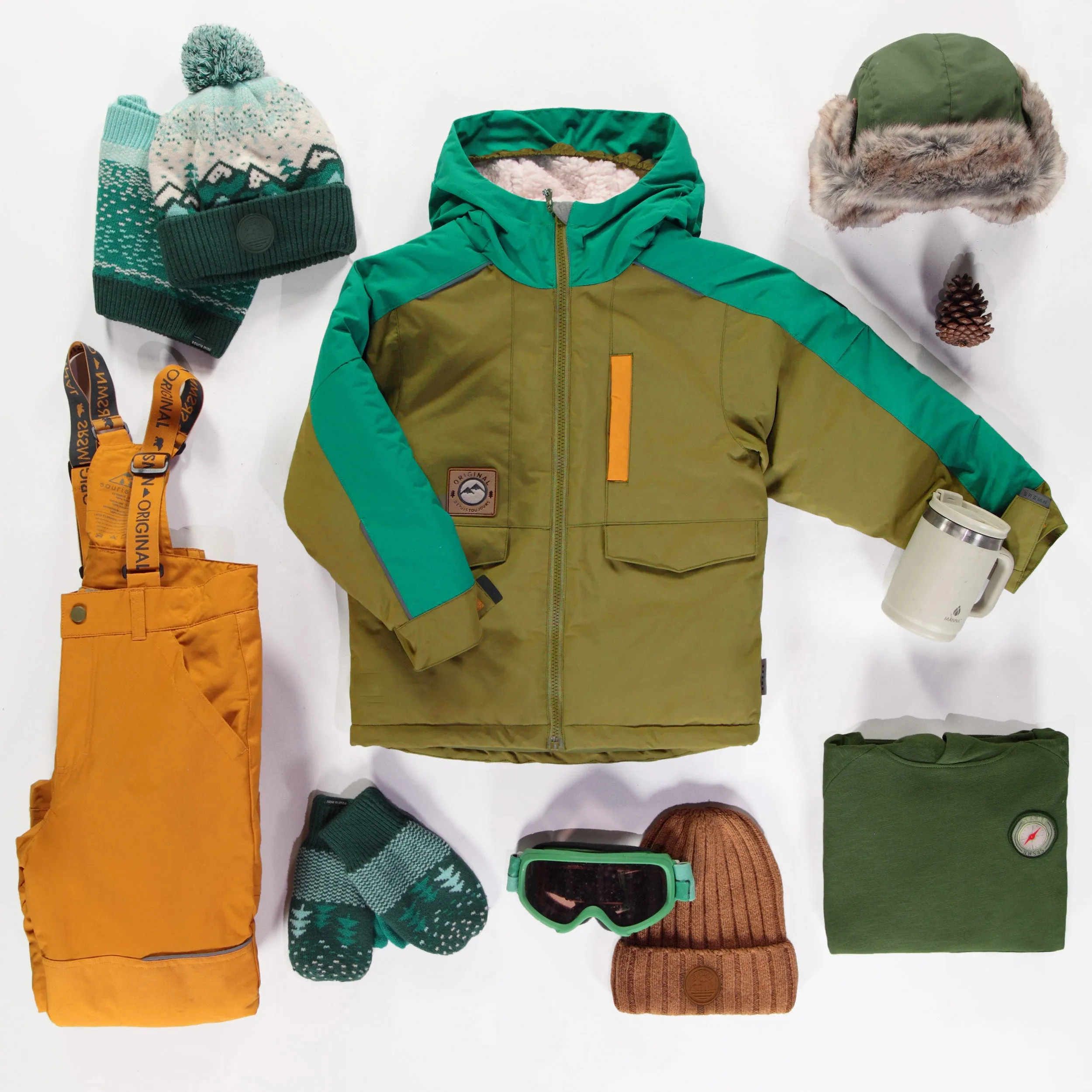 Habit de neige deux pièces vert, jaune et turquoise, enfant || Two-piece yellow, green and turquoise snowsuit, child