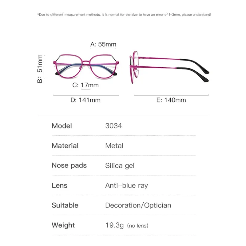 Hotony Women's Full Rim TR 90 Resin Round Alloy Frame Eyeglasses 3034