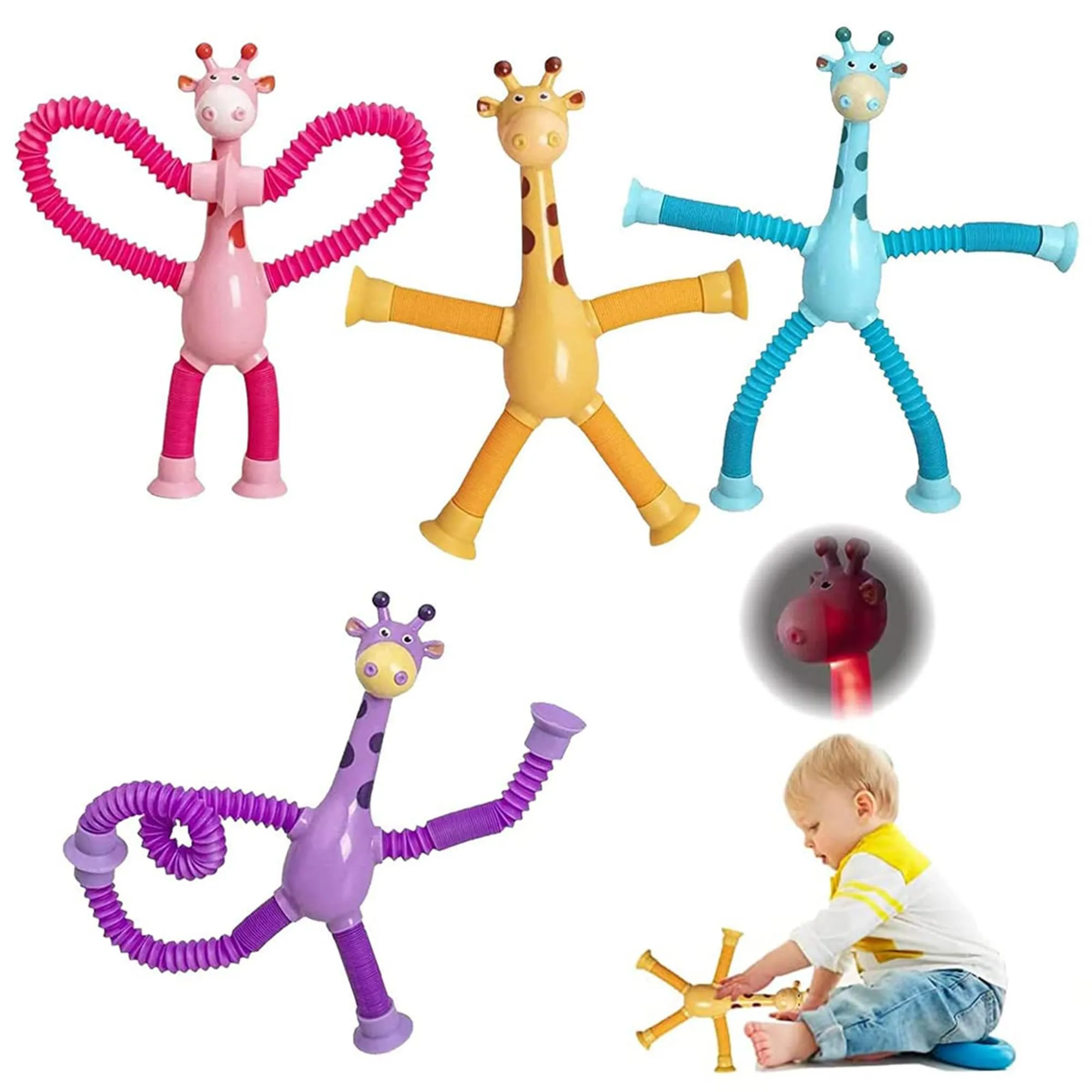 Kidology Telescopic Suction Cup Giraffe Toy, LED Telescopic Pipe with Suction Cup, Shape-Changing Stretch Tube, Parent-Child Interactive Toy Random Colors (Giraffe Figure Set of 1)