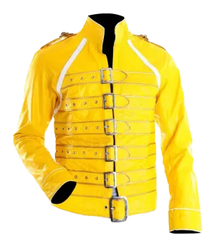 Men Yellow Pop Rock Freddie Mercury Costume Leather Jacket | Costume Leather Jacket