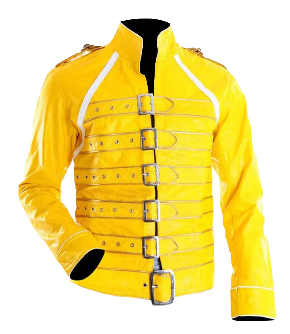 Men Yellow Pop Rock Freddie Mercury Costume Leather Jacket | Costume Leather Jacket