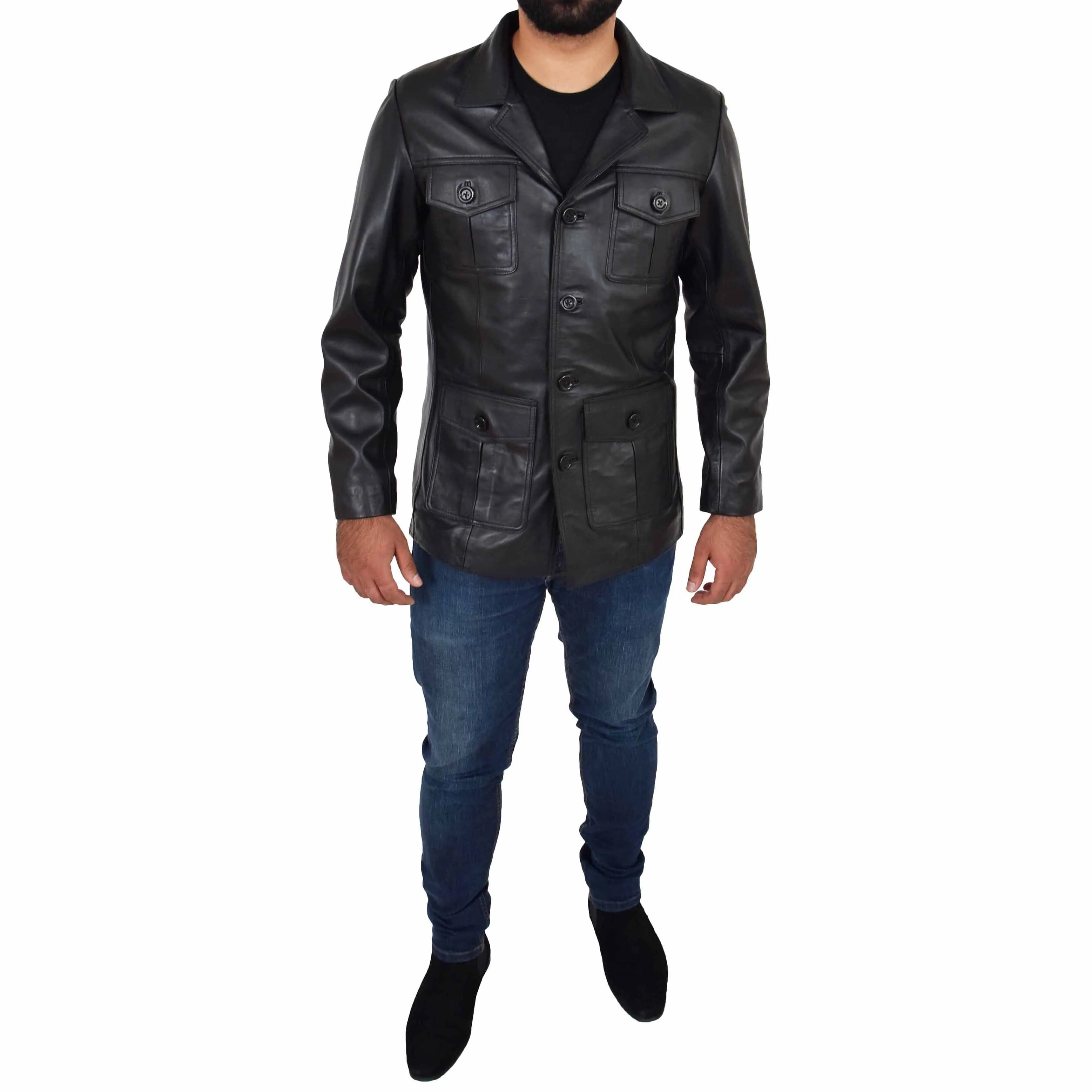 Mens Real Leather Safari Jacket Retro Blazer Coat Sylas Black