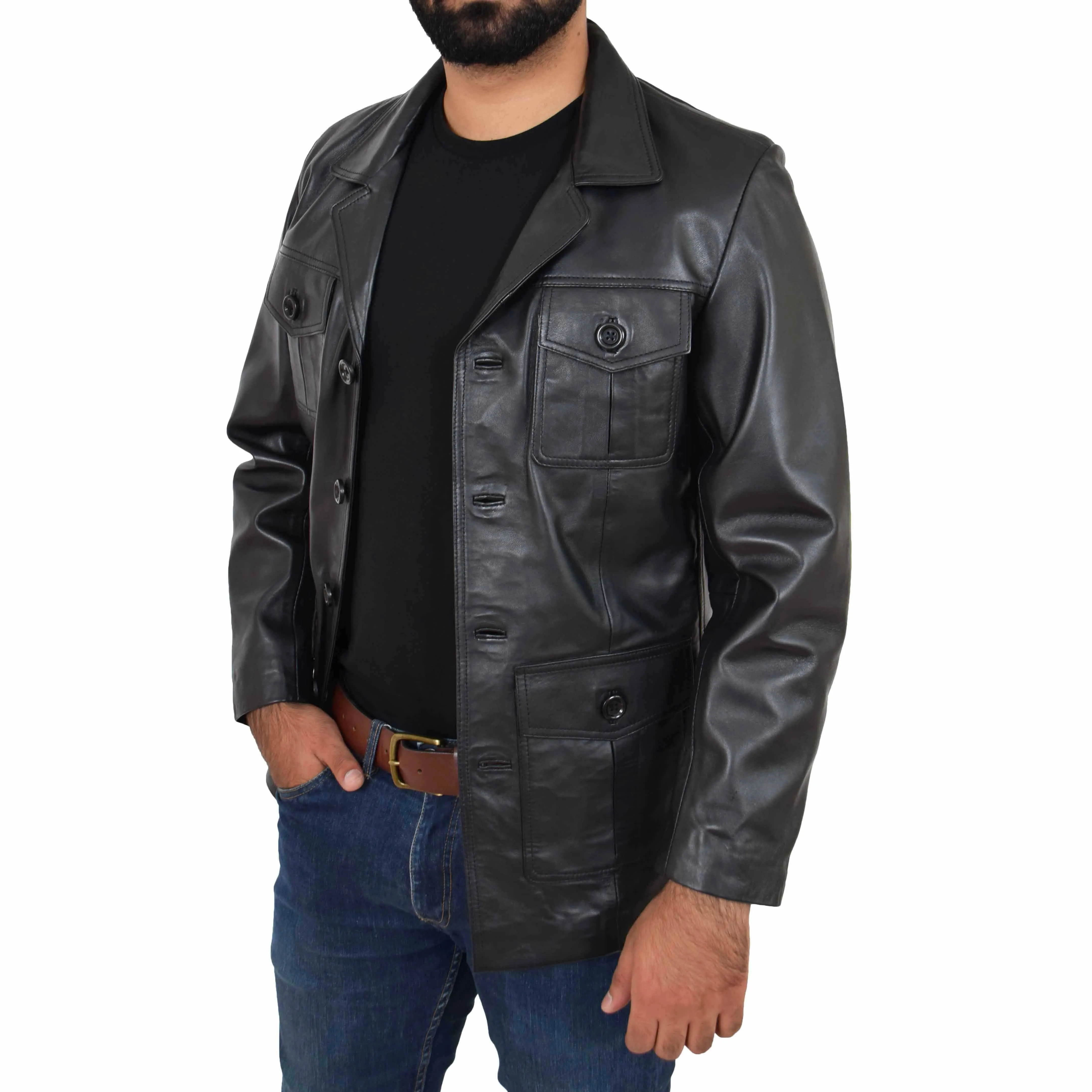 Mens Real Leather Safari Jacket Retro Blazer Coat Sylas Black