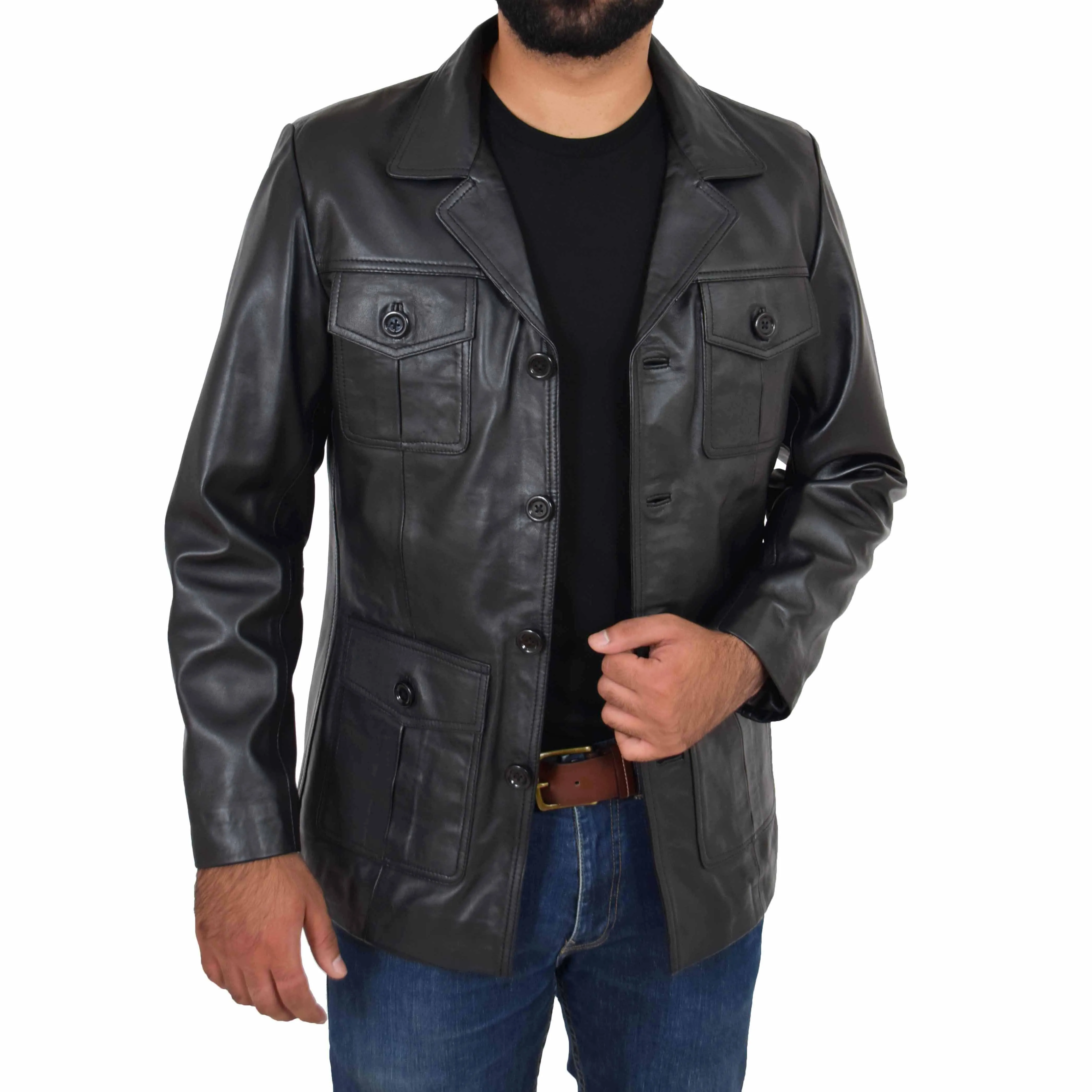 Mens Real Leather Safari Jacket Retro Blazer Coat Sylas Black