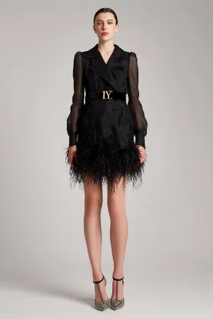 Ostrich Feathers Embellished Silk Gazar Mini Trench Dress in Black