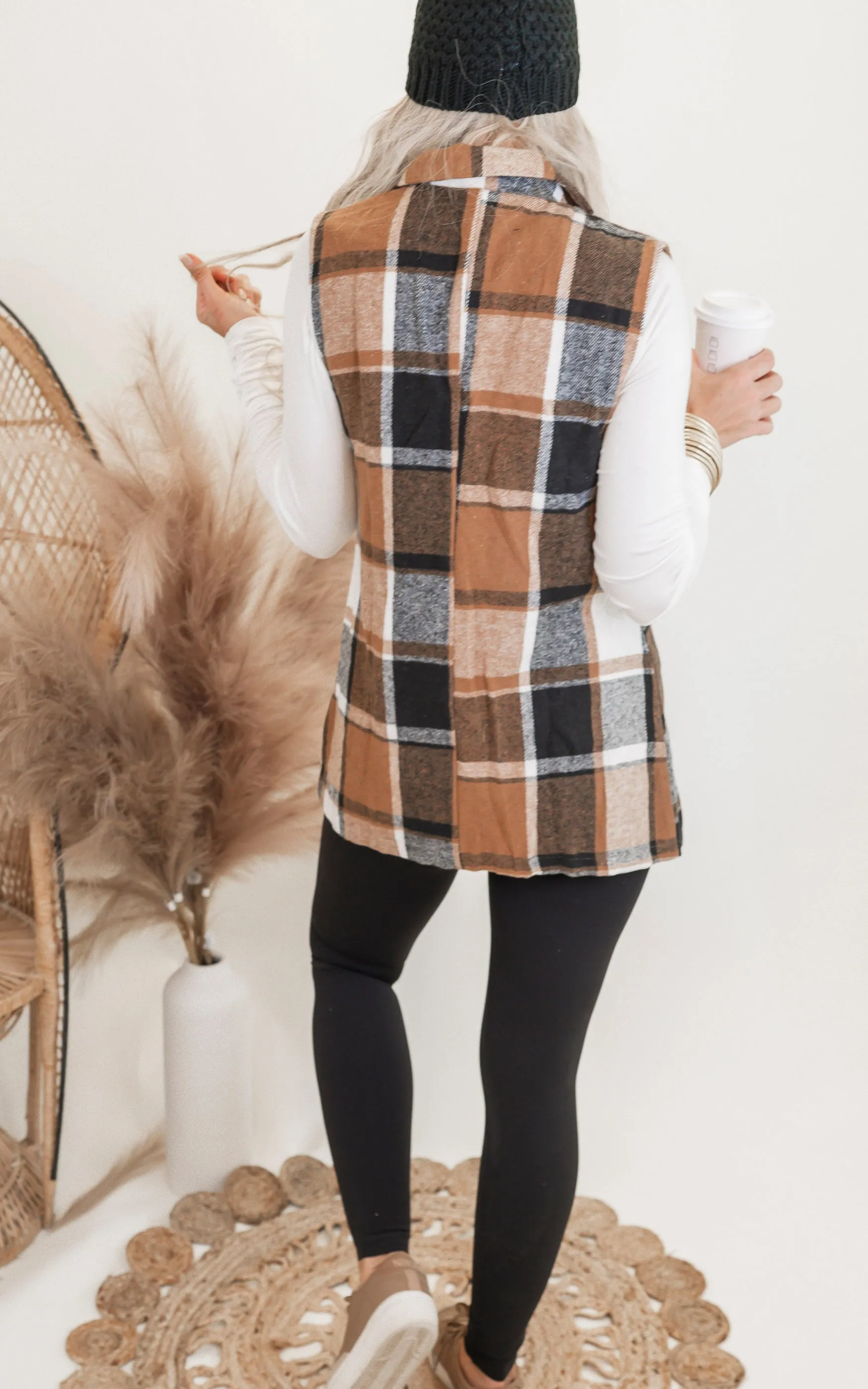 Plaid Lapelle Collar Button Up Vest Coat