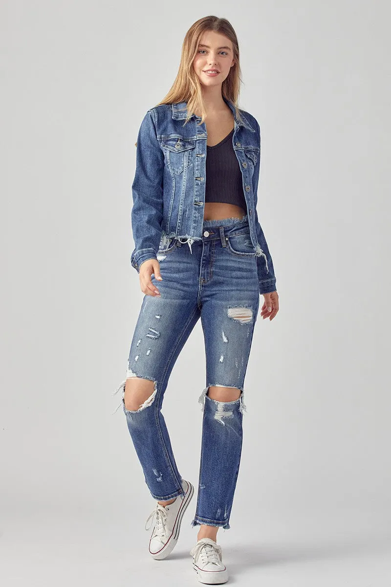 Take Me Back Frayed Hem Jean Jacket - Medium Wash