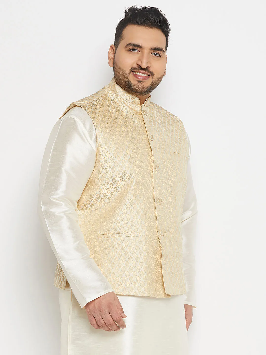 VASTRAMAY Cream and Gold Nehru Jacket