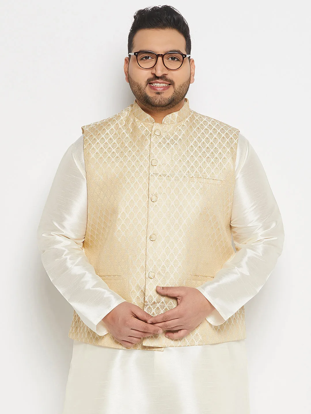 VASTRAMAY Cream and Gold Nehru Jacket