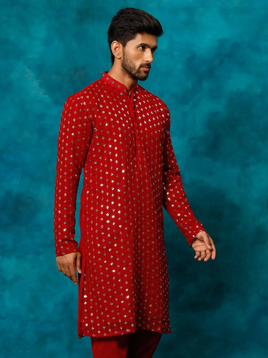 VM By VASTRAMAY Men's Maroon Georgette Sequins Kurta