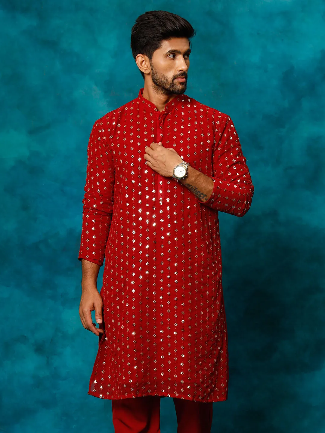 VM By VASTRAMAY Men's Maroon Georgette Sequins Kurta