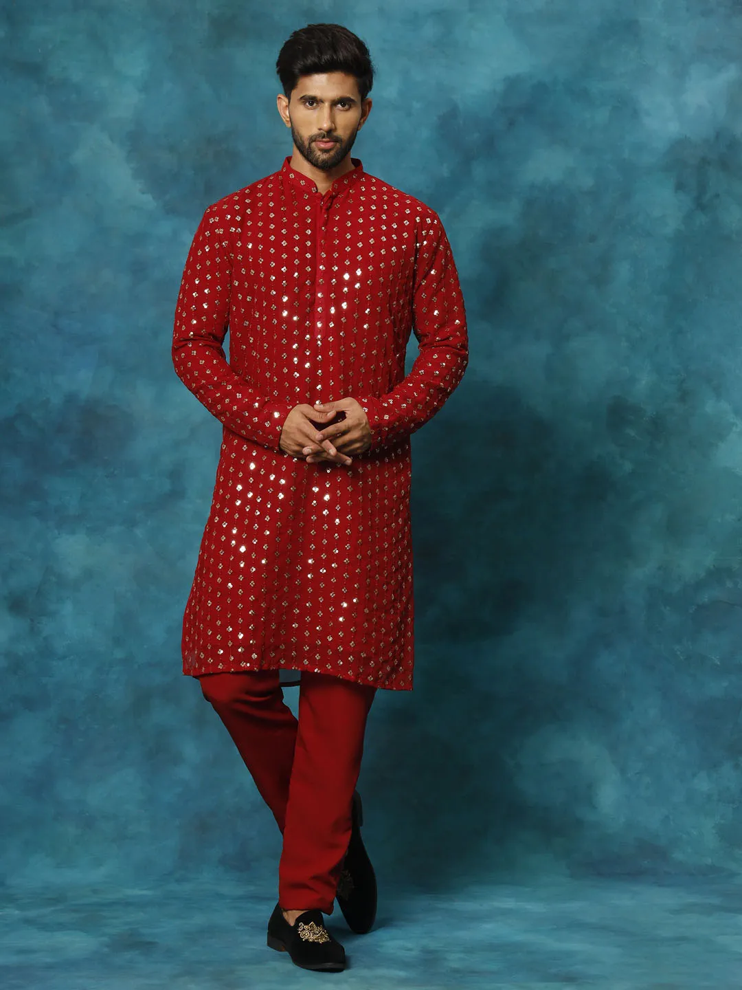 VM By VASTRAMAY Men's Maroon Georgette Sequins Kurta