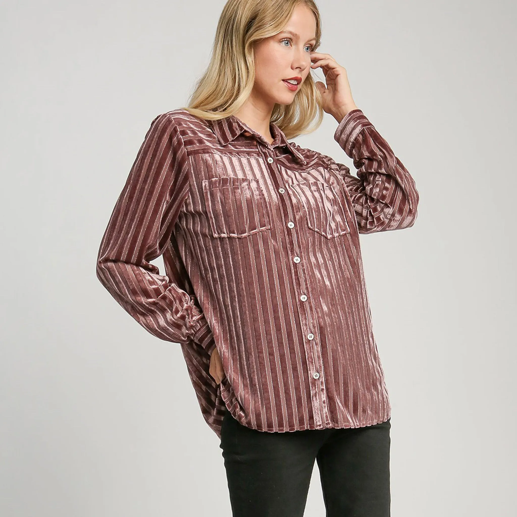 Women's Solid Velvet Mauve Stripe Shirt